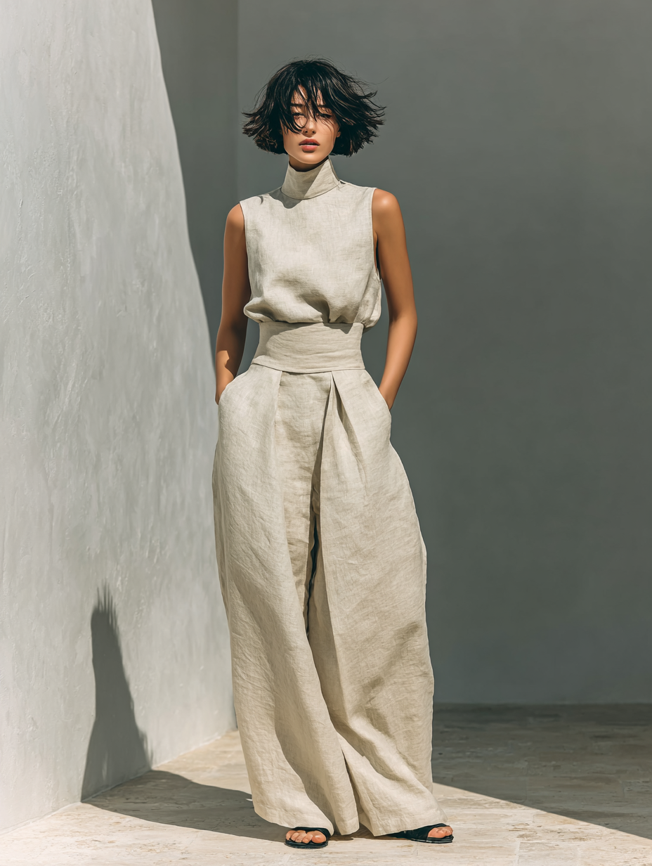 Maria - Minimalist Cotton & Linen Two-Piece Set – Tank Top and Wide-Leg Pants for Women