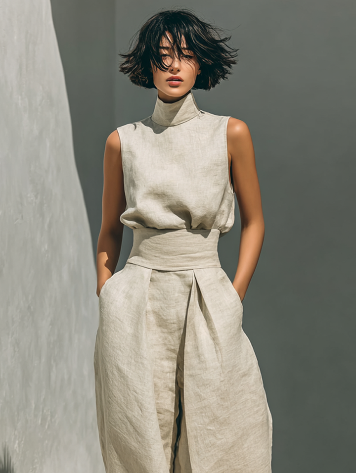 Maria - Minimalist Cotton & Linen Two-Piece Set – Tank Top and Wide-Leg Pants for Women