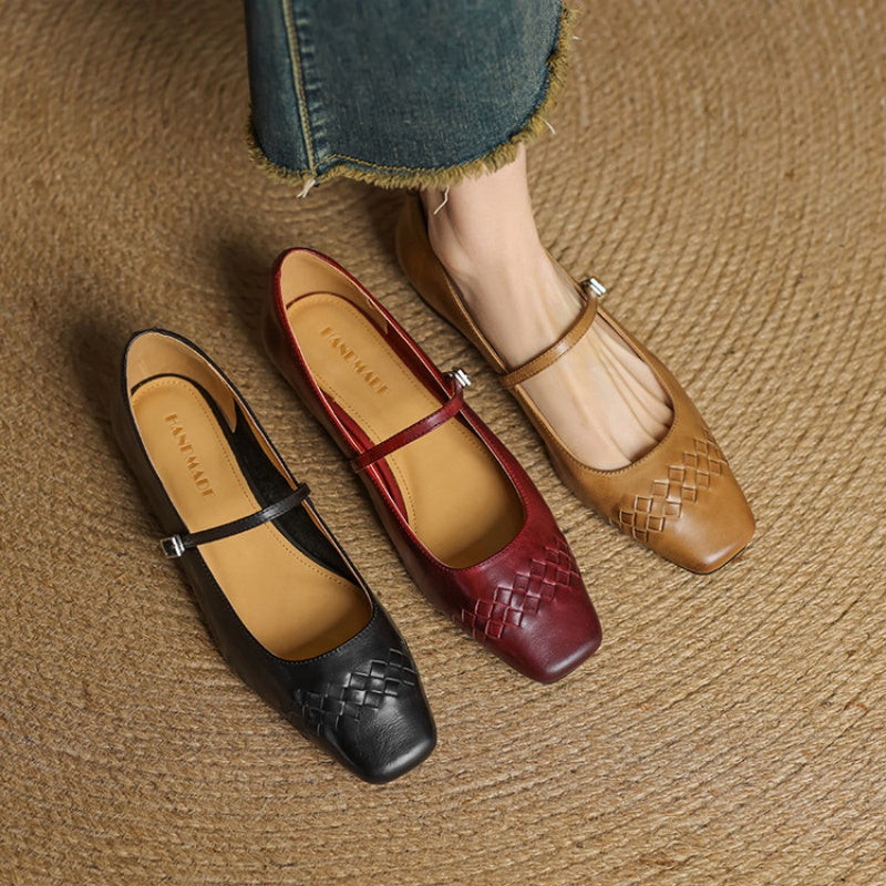 Scarlett™ | Woven Leather Square-Toe Mary Jane Flats