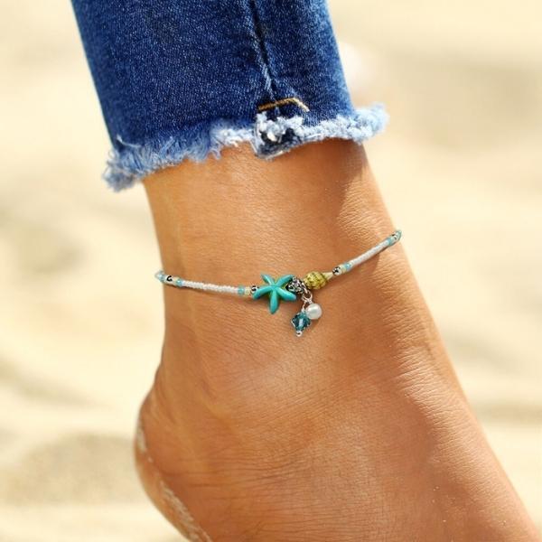 Opal | Natural Stone Anklet Bracelet with Star and Shell Accents