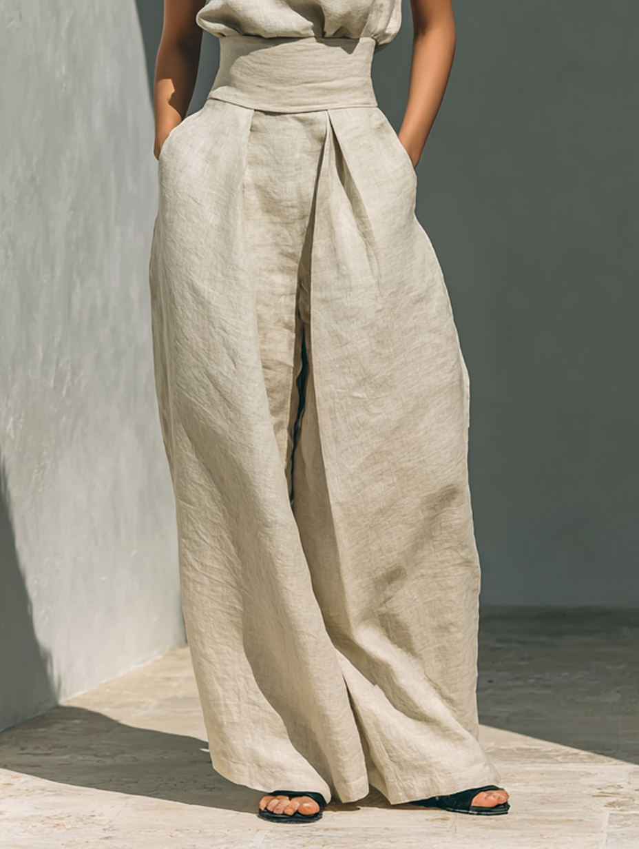 Maria - Minimalist Cotton & Linen Two-Piece Set – Tank Top and Wide-Leg Pants for Women