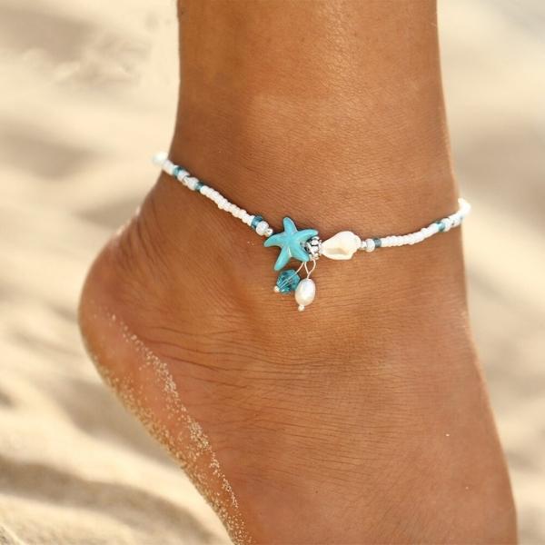 Opal | Natural Stone Anklet Bracelet with Star and Shell Accents