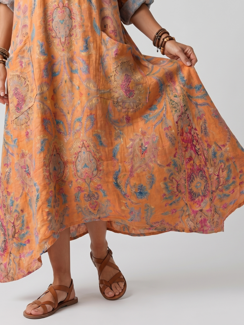 Laurel™ | Notch Neck Printed Oversized Pocket Midi Dress
