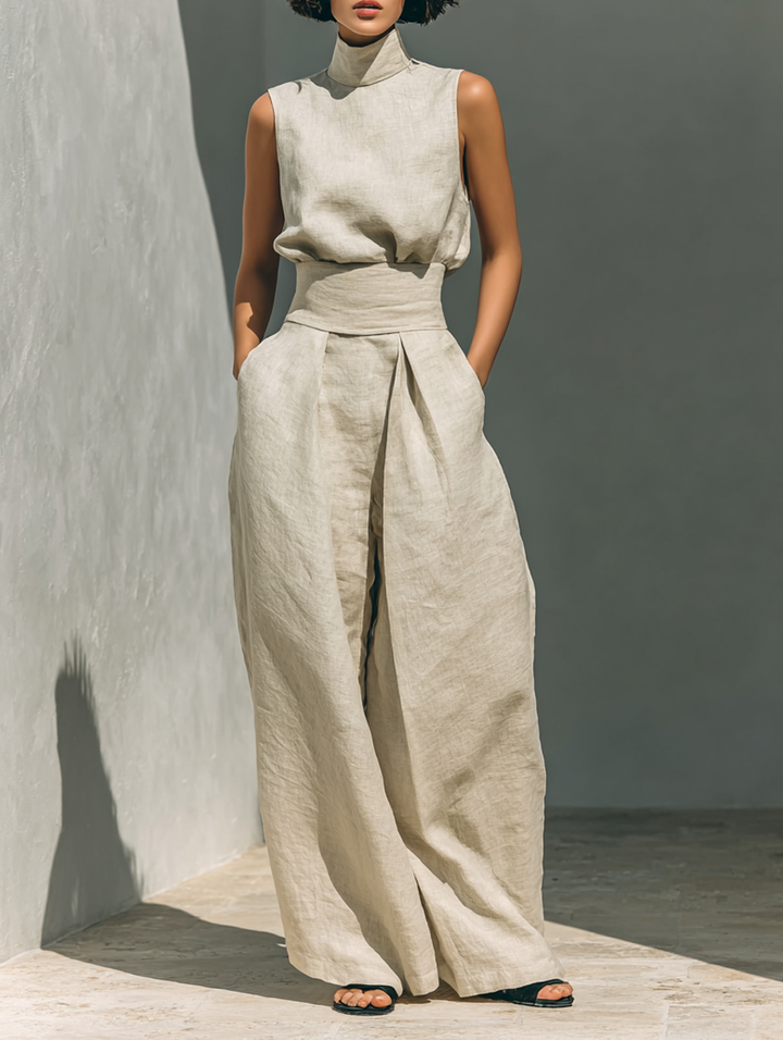 Maria - Minimalist Cotton & Linen Two-Piece Set – Tank Top and Wide-Leg Pants for Women