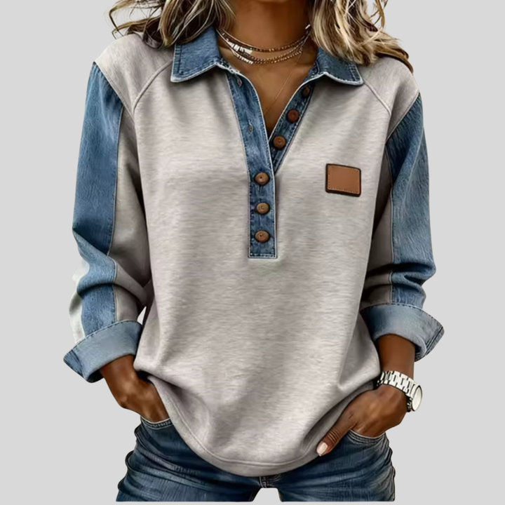 Ramona™ | Denim-Detail Collared Knit Pullover