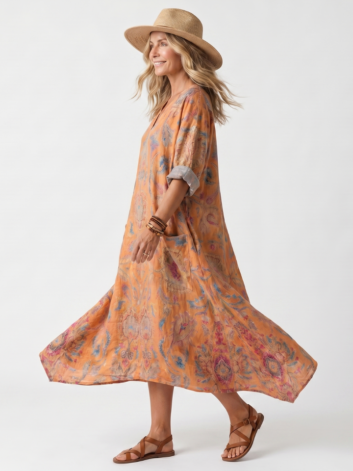Laurel™ | Notch Neck Printed Oversized Pocket Midi Dress