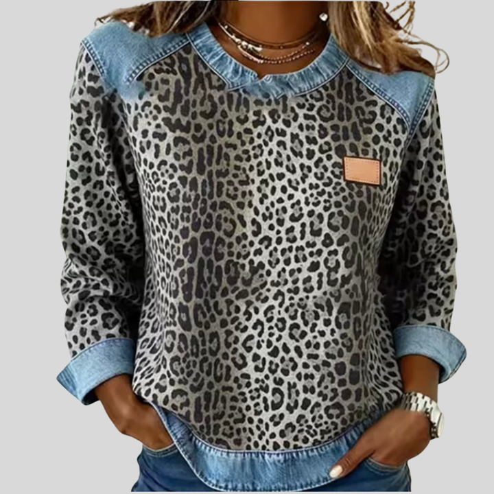 Claudia™ | Leopard Print Denim-Trim Sweater