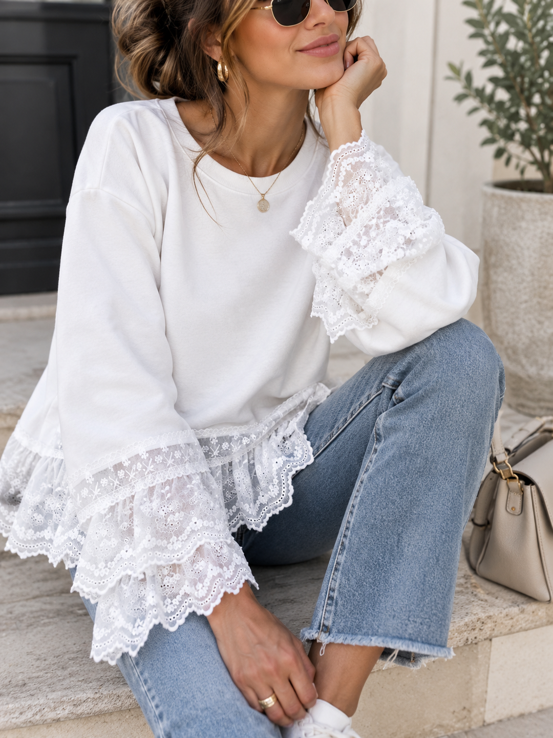 Ruth™ | Lace Ruffle Crew Neck Sweatshirt