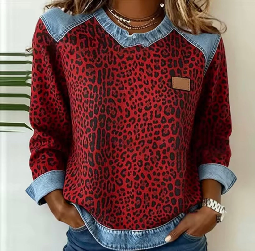 Claudia™ | Leopard Print Denim-Trim Sweater