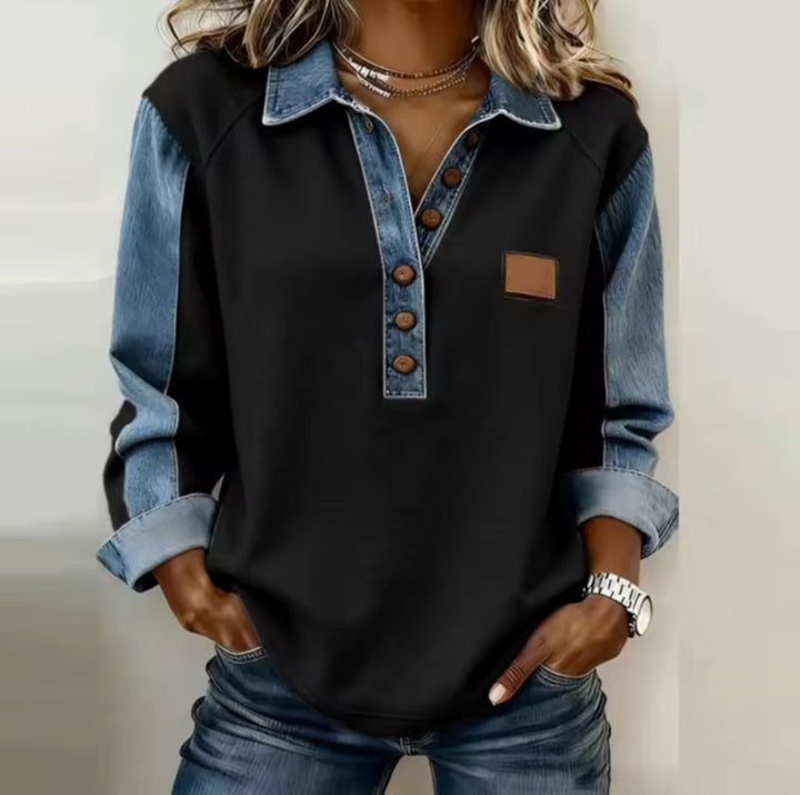 Ramona™ | Denim-Detail Collared Knit Pullover