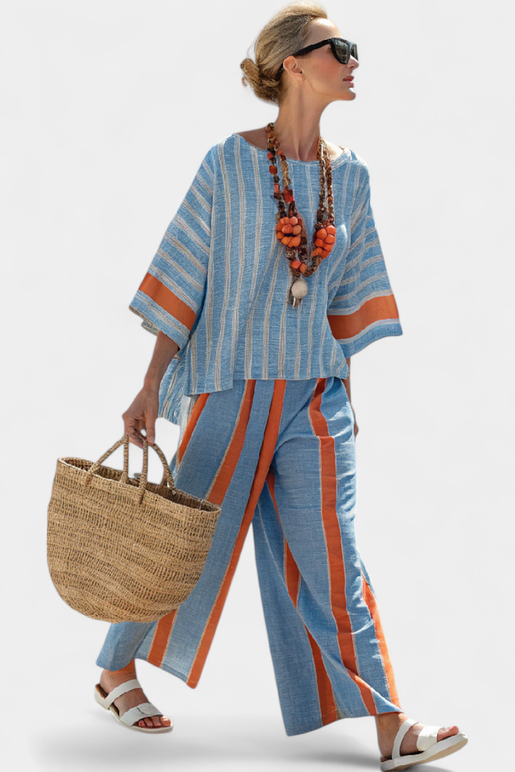 Victoria | Sophisticated Terracotta Striped Top and Linen Pants Set