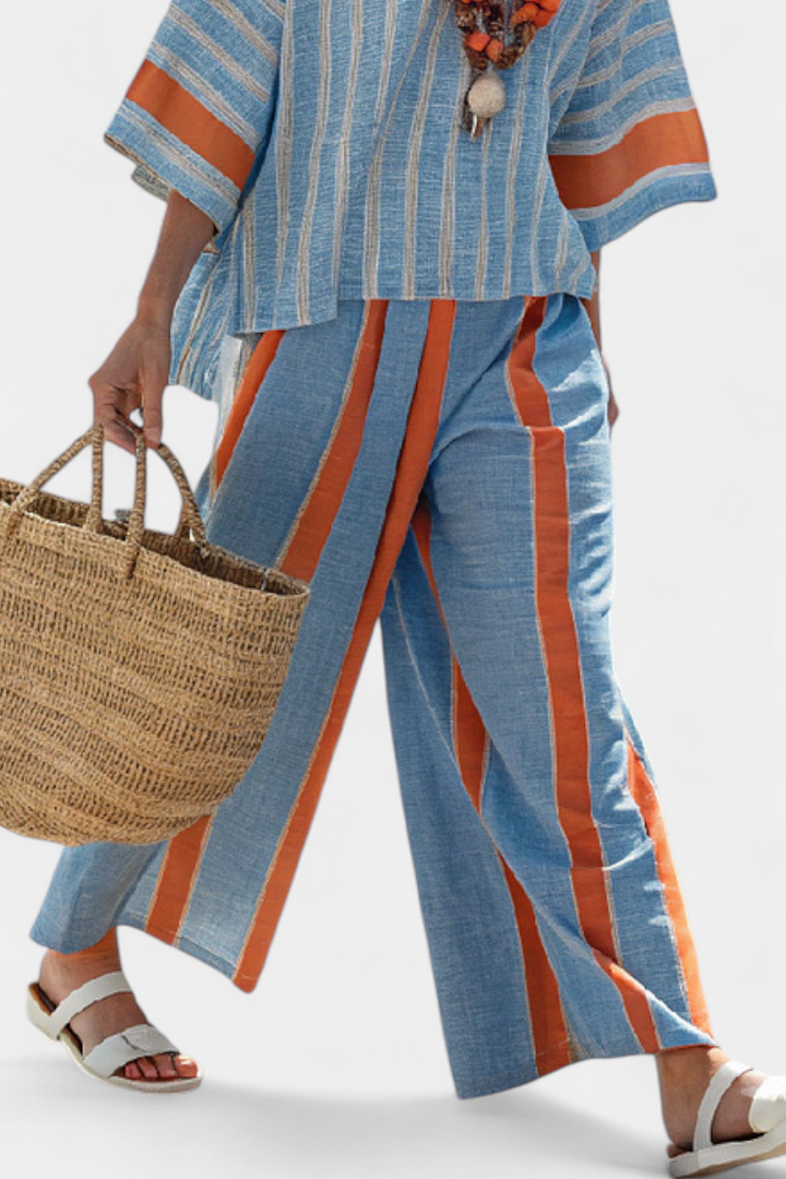 Victoria | Sophisticated Terracotta Striped Top and Linen Pants Set