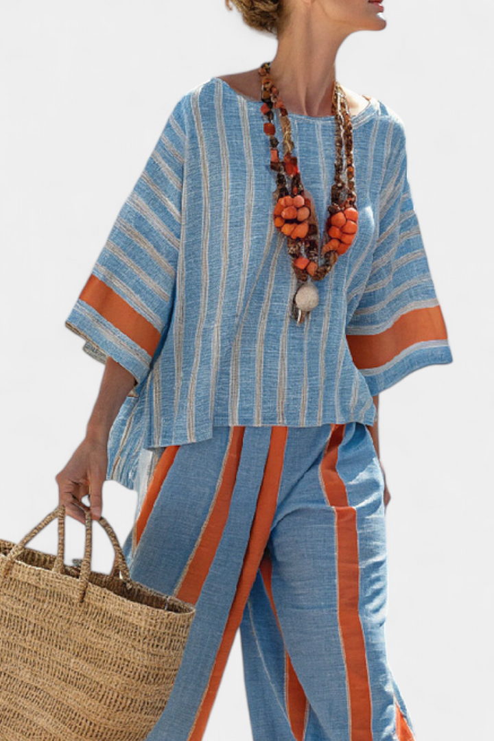 Victoria | Sophisticated Terracotta Striped Top and Linen Pants Set