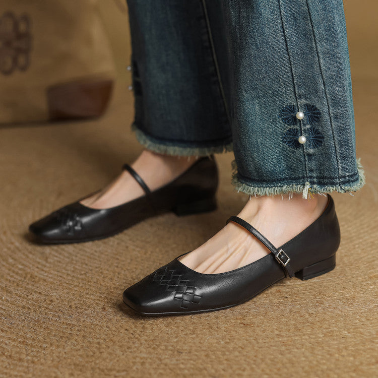 Scarlett™ | Woven Leather Square-Toe Mary Jane Flats